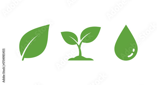 Green Leaf Seedling and Water Drop Icons for Nature and Sustainability.