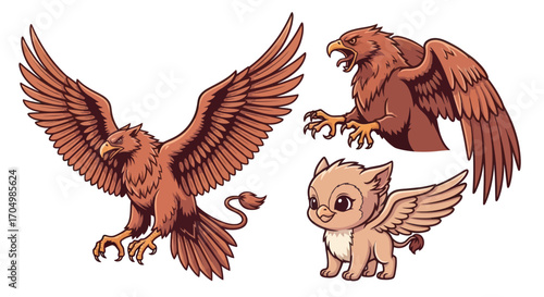 Detailed illustrations of griffins in various poses showcasing their majestic features and expressions.