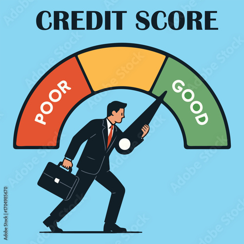 Businessman Improving Credit Score Gauge Financial Growth and Credit Rating Concept Vector Illustration.