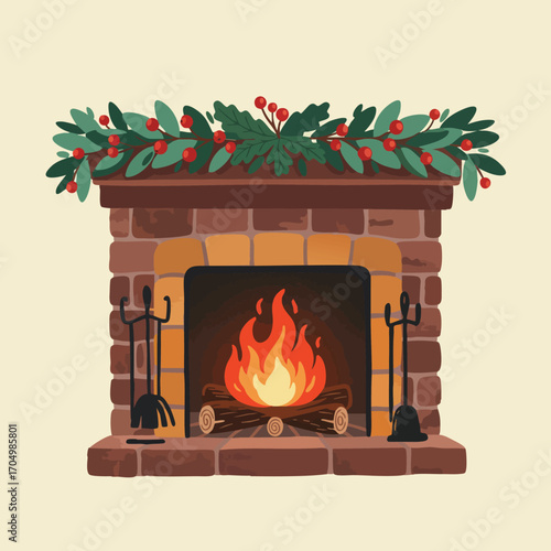Cozy brick fireplace with burning fire and green holly decoration vector illustration for winter holiday seasons 