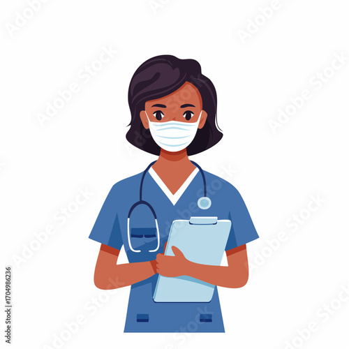 Vector illustration of female nurse or doctor wearing mask and holding medical documents, flat style.