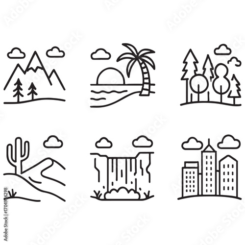 natural and urban scenery, mountain, beach, forest, desert, waterfall, 
cityscape, canyon vector