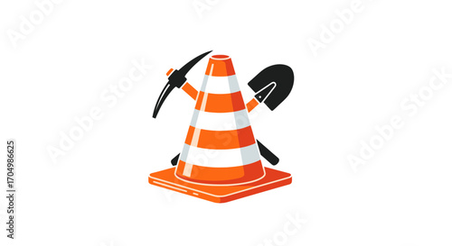 Construction cone with pickaxe and shovel.