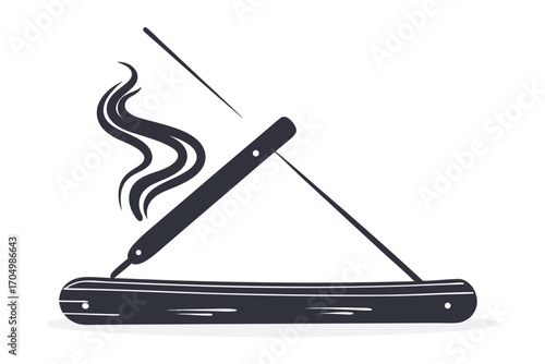 Incense Stick Burning on Wood Holder with Rising Smoke, on White Background