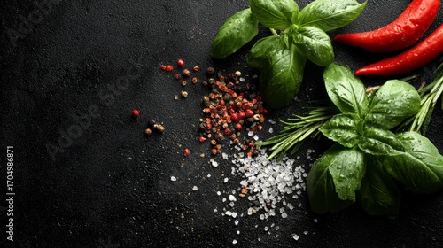 Overhead shot of basil salt peppers and chilies on a dark textured surface
