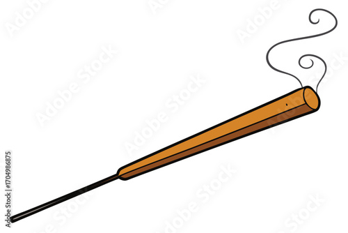 Incense Stick Illustration, Brown and Black Colors, Flowing Smoke, White Background