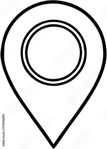 Hand-drawn map pin icon. Simple black and white outline sketch of a location marker for navigation, destination, and geotagging concepts