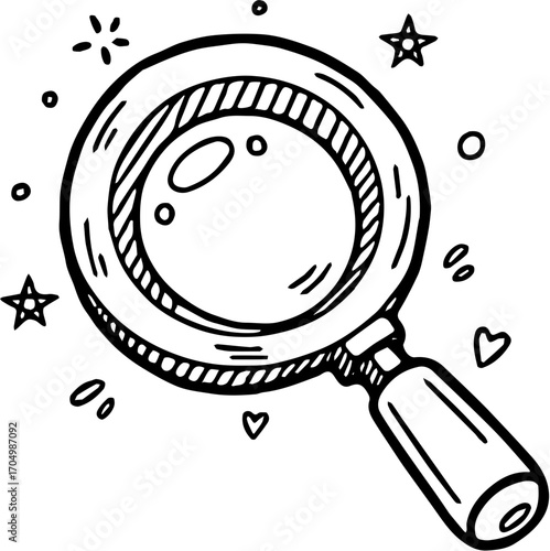 Hand-drawn magnifying glass icon in a doodle style, symbolizing search, discovery, and investigation with sparkling details