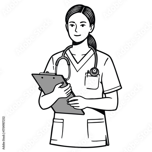 Female nurse holding clipboard with stethoscope medical professional healthcare worker vector illustration 