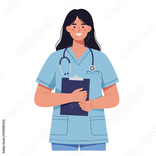 Female nurse in blue scrubs holding clipboard with stethoscope medical professional healthcare worker vector illustration 