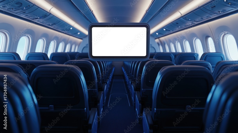 Fototapeta premium Empty airplane cabin with blank screen monitor