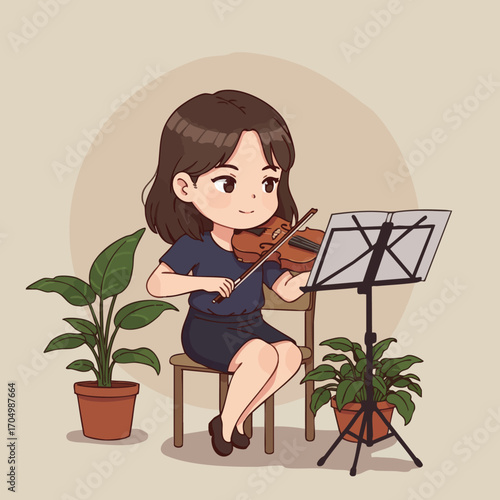 Woman playing violin with music stand and indoor plants in cozy room vector illustration 