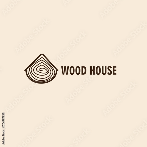 This logo features a house-shaped outline with a wood texture inside, creating a warm and natural look. Next to it is the word “Wood House.” This design gives a natural, sturdy, and homey impression, 