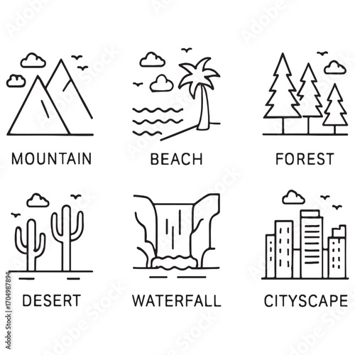 natural and urban scenery, mountain, beach, forest, desert, waterfall, 
cityscape, canyon vector