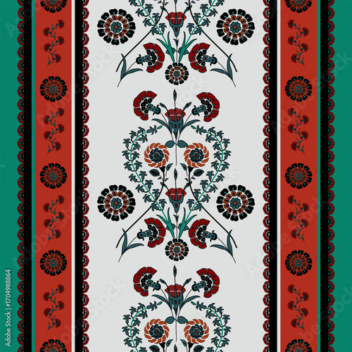 Flower chintz indian pattern seamless vector border print. Botanical batik paisley background. Arabesque floral ornament motif for decoration fabric, women clothing, scarf, wallpaper design.