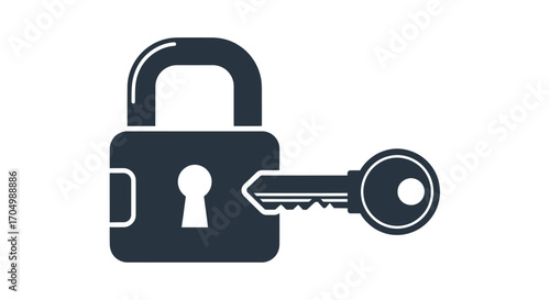 Simple black icon of a padlock with a key inserted.