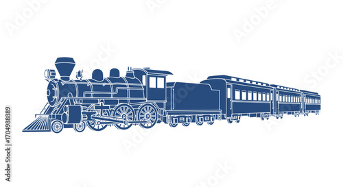 Detailed blueprint of a classic steam train engine and passenger cars.