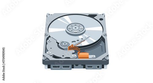 Open computer hard disk drive showing internal components.