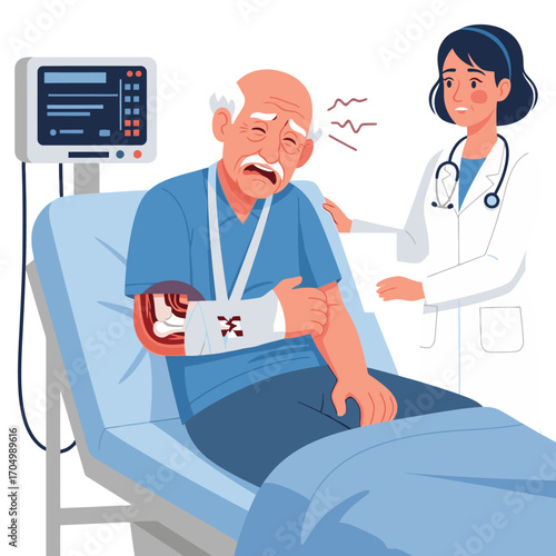 Elderly patient with broken arm receiving medical care from doctor in hospital room setting