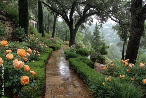 Shady rose garden path, wet stone