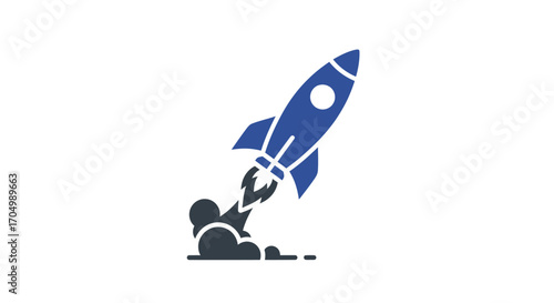 Blue rocket taking off with smoke trail.