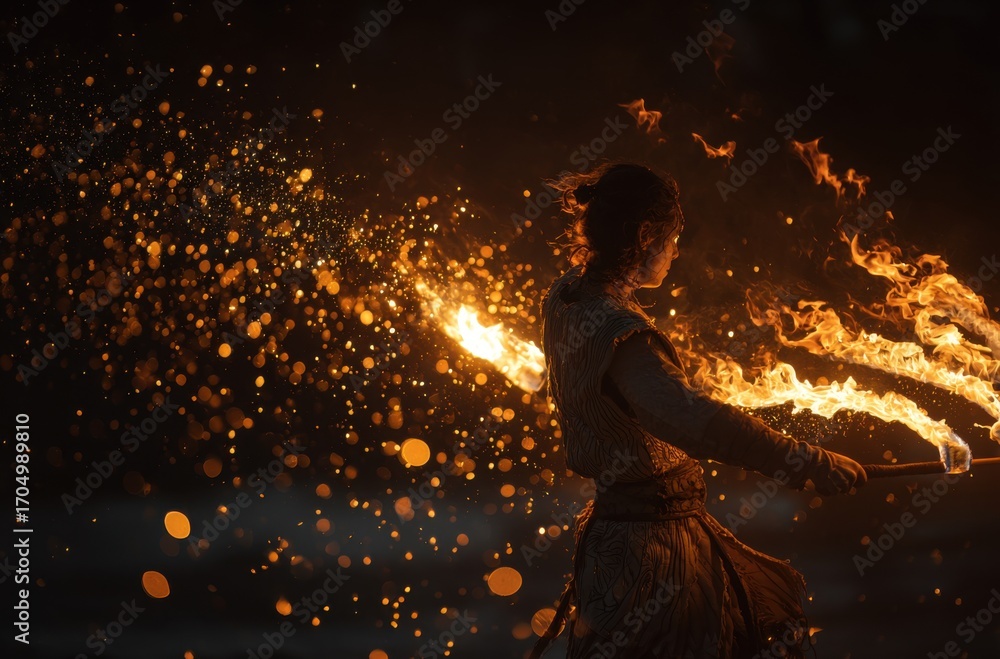 Obraz premium A person performs fire dancing with flaming torches against a dark background, surrounded by glowing embers and sparks, creating a dynamic artistic scene.