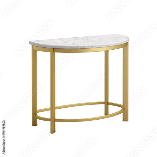 Modern half moon console table with marble top and gold frame isolated on transparent background
