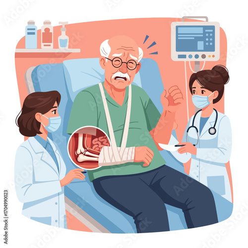 Elderly patient with broken arm receives care from attentive medical professionals in hospital room