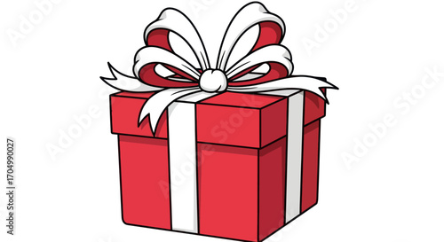 Red gift box with a large white ribbon bow illustration.