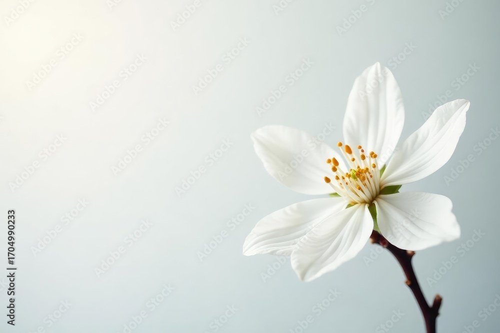 Fototapeta premium Delicate white blossom against pure white background, botanical, detail