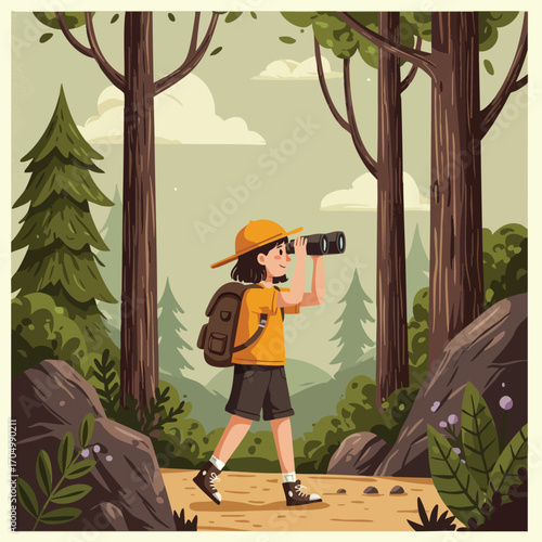 Young girl hiking in forest with binoculars exploring nature adventure in outdoor landscape illustration 