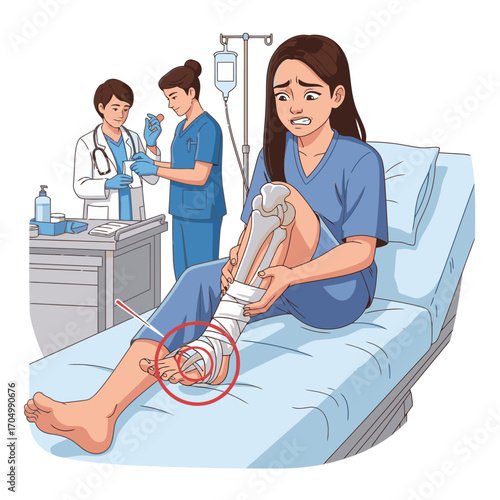Worried patient with foot injury receiving care from medical staff in a hospital setting illustration