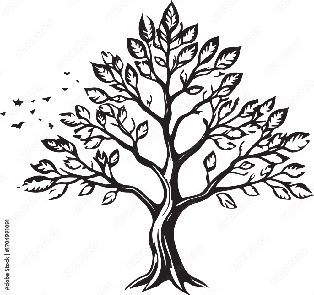 Fototapeta premium Elegant tree with falling leaves illustration, nature growth seasonal change decorative design