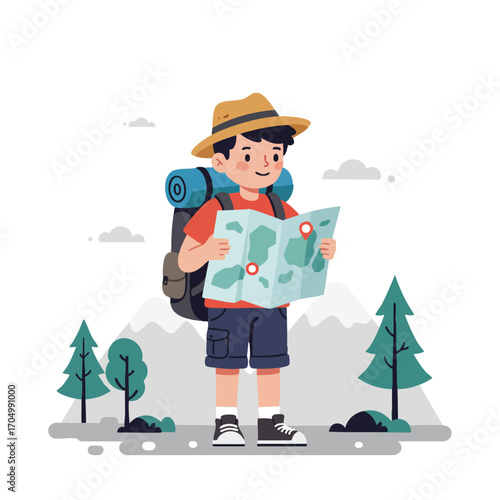 Boy backpacker traveler exploring map hiking in nature outdoors with mountains and trees 