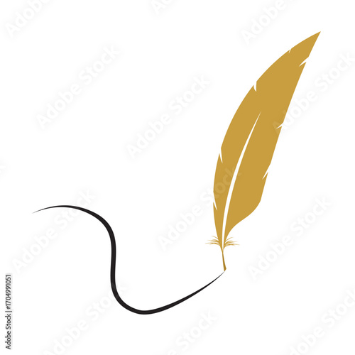 A classic gold quill pen drawing an ink line, flat art design style.
