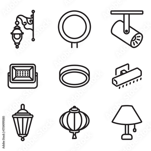A collection of decorative lighting icons. Thin line style vectors. Contains icons such as garden lights, night lights, and more.