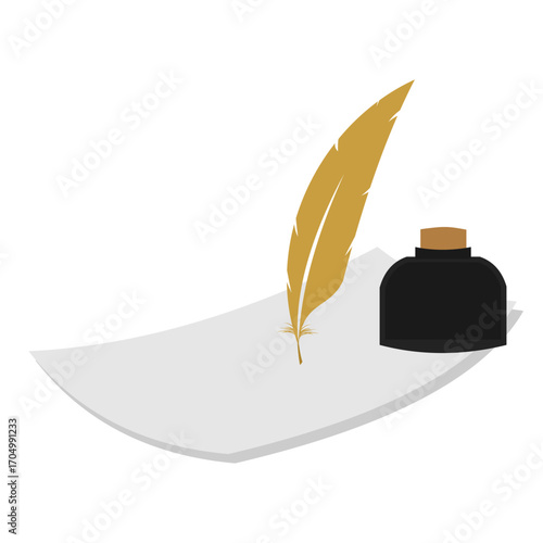 A gold feather quill writing on a paper sheet, flat art design style.
