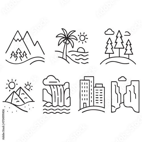 natural and urban scenery, mountain, beach, forest, desert, waterfall, 
cityscape, canyon vector