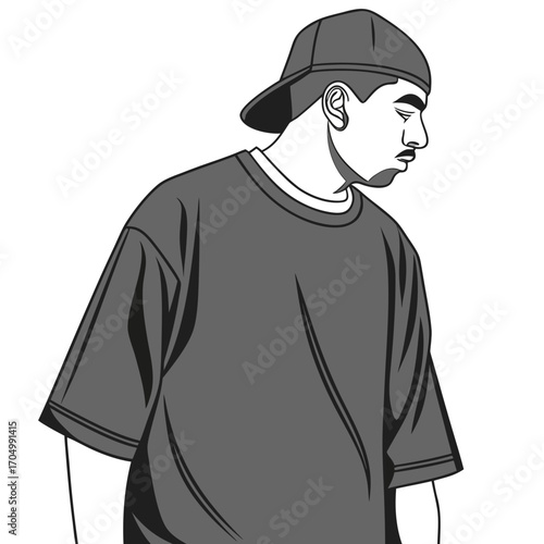 Stylized illustration of a young man wearing a baseball cap and t shirt