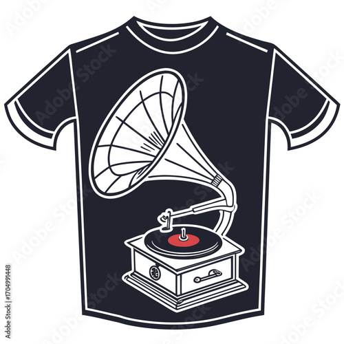 Vintage gramophone design on a dark t shirt