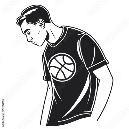Young man in t shirt with basketball logo looking down