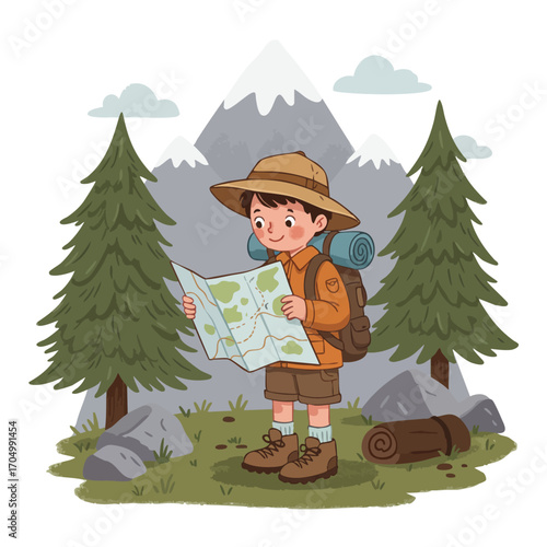 Boy hiker exploring forest with map and backpack near mountain landscape in nature adventure scene 