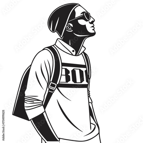 Stylish young man with beanie sunglasses and backpack