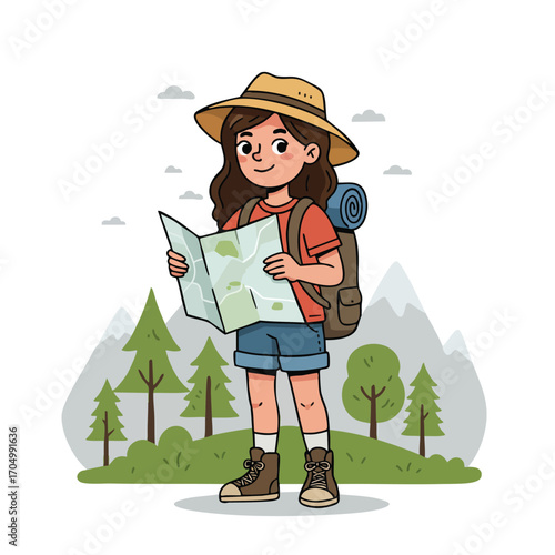 Girl Hiking in Nature with Map and Backpack Surrounded by Trees and Mountains Adventure Outdoors 