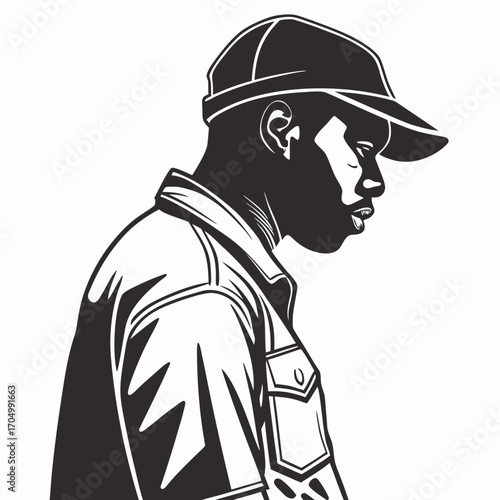 Stylized black and white portrait of a young man wearing a baseball cap