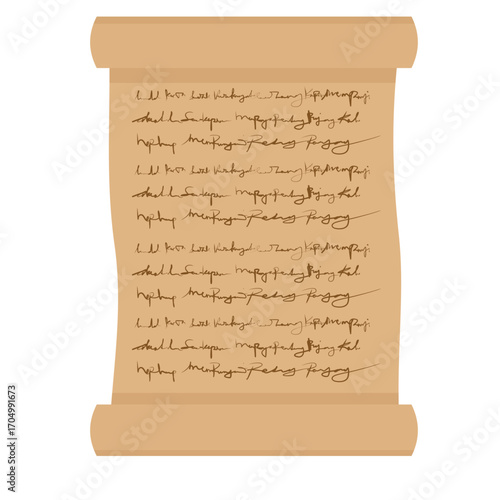 A rolled brown scroll with ancient text, flat art design style.