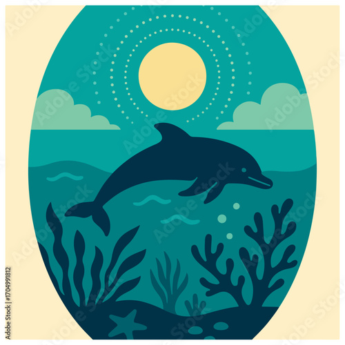 Dolphin swimming at sea – minimal underwater landscape