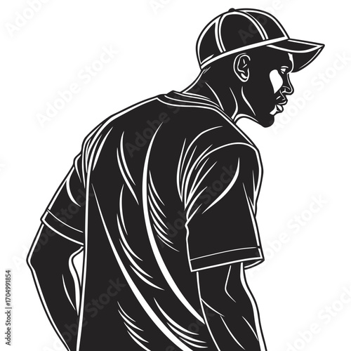 Stylized black and white illustration of a man wearing a baseball cap