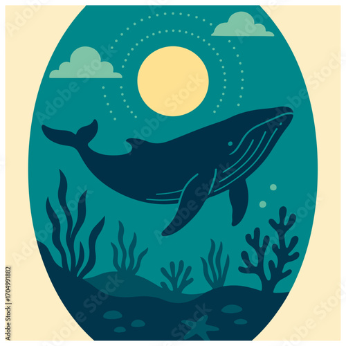 Humpback whale swimming – underwater reef, oval frame