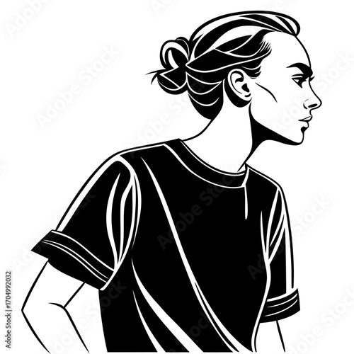 Stylish woman in black t shirt with hair bun